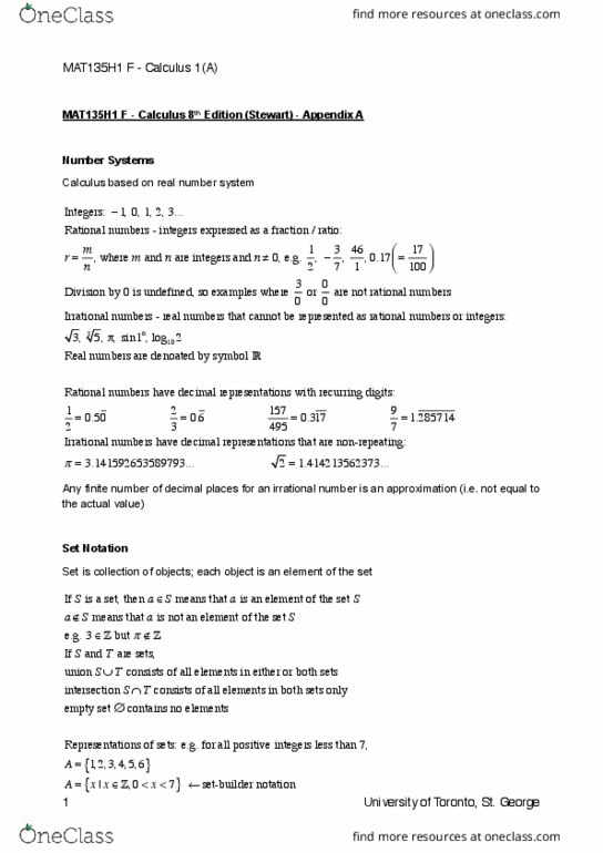 MAT135H1 Chapter A: Calculus 8E MAT135H1 Appendix A Notes thumbnail