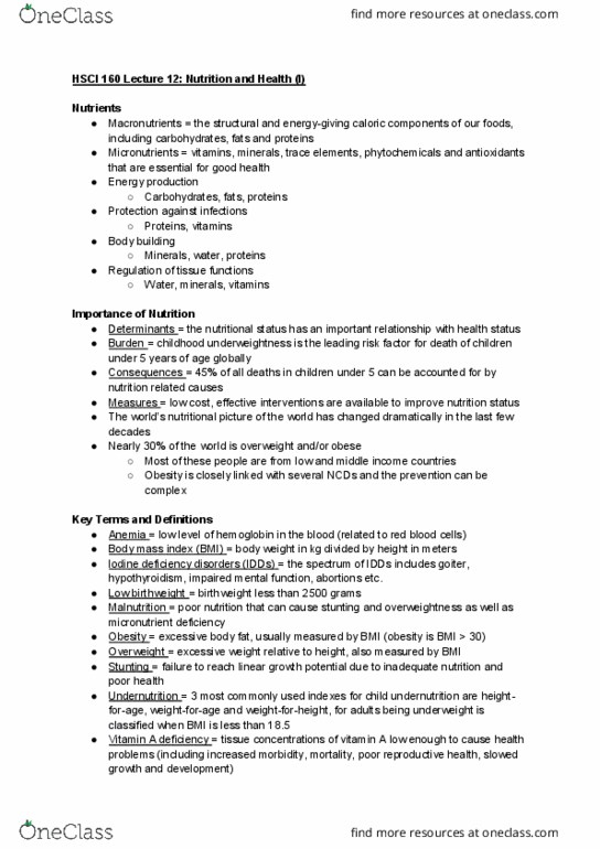 HSCI 160 Lecture Notes - Lecture 12: Global Acute Malnutrition, Vitamin A Deficiency, Underweight thumbnail