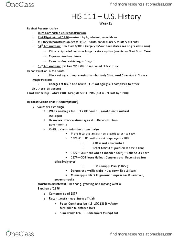 HIS 111 Lecture Notes - Lecture 15: Posse Comitatus Act, Solid South, Reconstruction Acts thumbnail