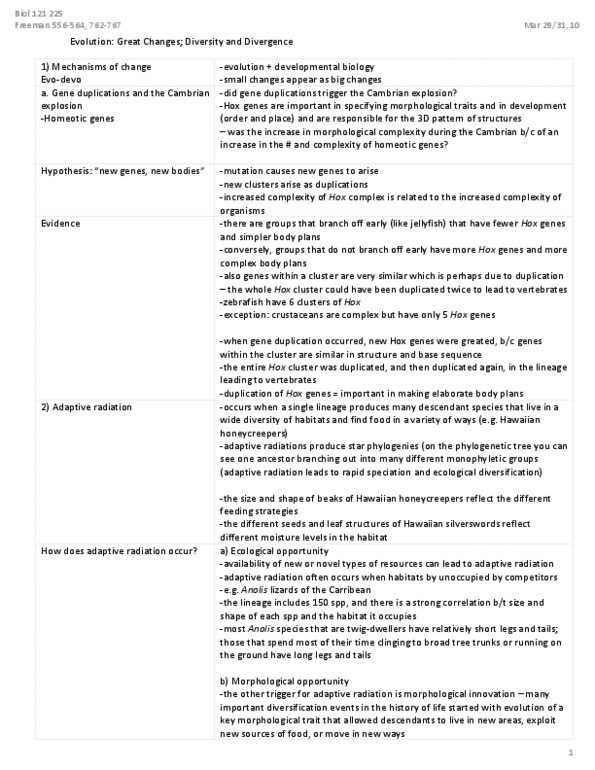 BIOL 121 Lecture Notes - Cambrian Explosion, Gene Duplication, Adaptive Radiation thumbnail