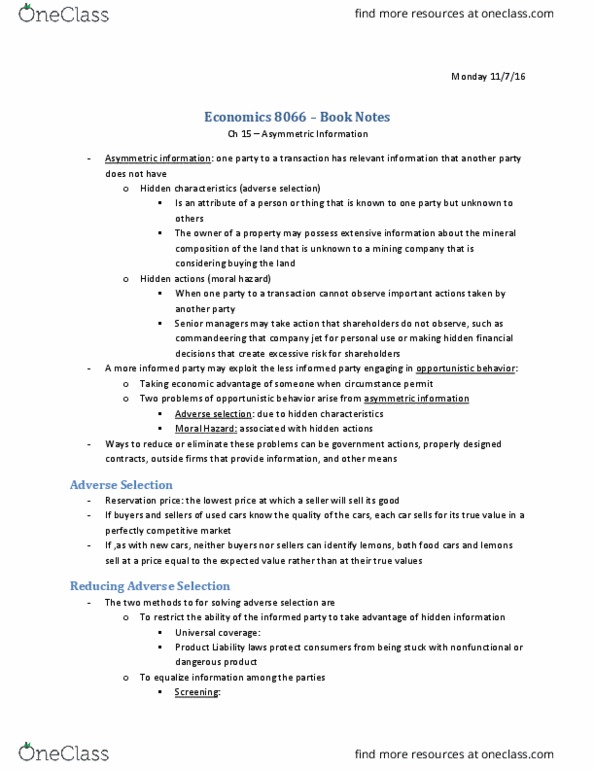 M B A 8620 Chapter Notes - Chapter 15: Adverse Selection, Reservation Price, Marginal Utility thumbnail