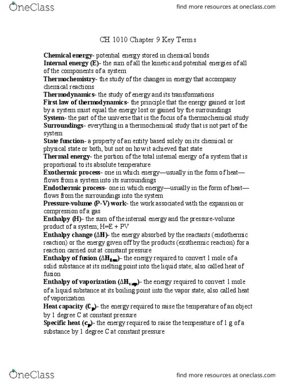 CH-1010 Chapter Notes - Chapter 9: Exothermic Process, Endothermic Process, Internal Energy thumbnail