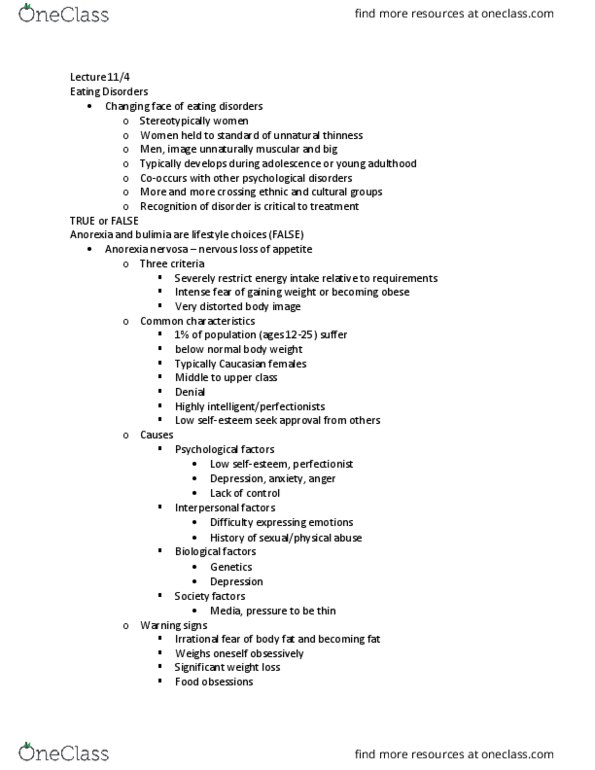 HUMNNTR 2210 Lecture Notes - Lecture 24: Anorexia Nervosa, Amenorrhoea, Thermoregulation thumbnail