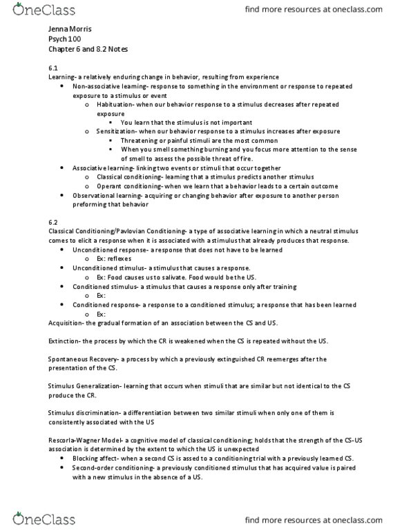 PSYC100 Chapter Notes - Chapter 6: Learning, Fear Conditioning, Reinforcement thumbnail
