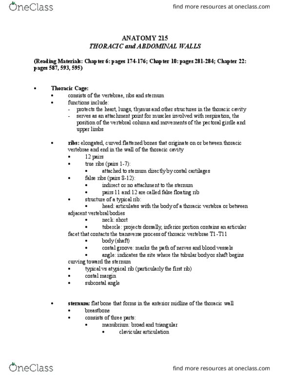 ANAT 215 Lecture Notes - Lecture 20: Suprasternal Notch, Costal Cartilage, Rib Cage thumbnail