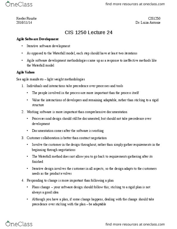 CIS 1250 Lecture Notes - Lecture 24: Agile Software Development, Iterative Design, Waterfall Model thumbnail