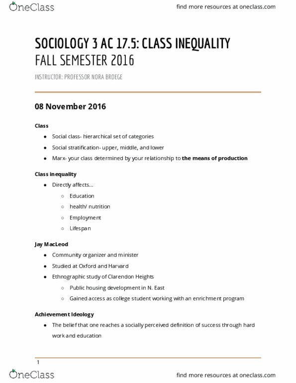 SOCIOL 3AC Lecture Notes - Lecture 18: Social Reproduction, Social Stratification, Social Class thumbnail