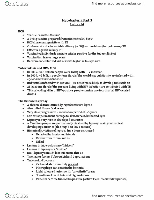Microbiology and Immunology 2500A/B Lecture Notes - Lecture 24: Lepromatous Leprosy, Miliary Tuberculosis, Mycobacterium Tuberculosis thumbnail