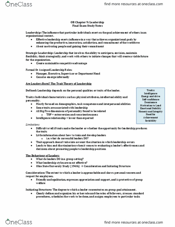 BU288 Chapter Notes - Chapter 9: Transactional Leadership, Contingency Theory, Job Satisfaction thumbnail