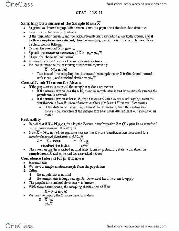 STAT 210 Lecture Notes - Lecture 15: Central Limit Theorem, Normal Distribution, Sampling Distribution thumbnail