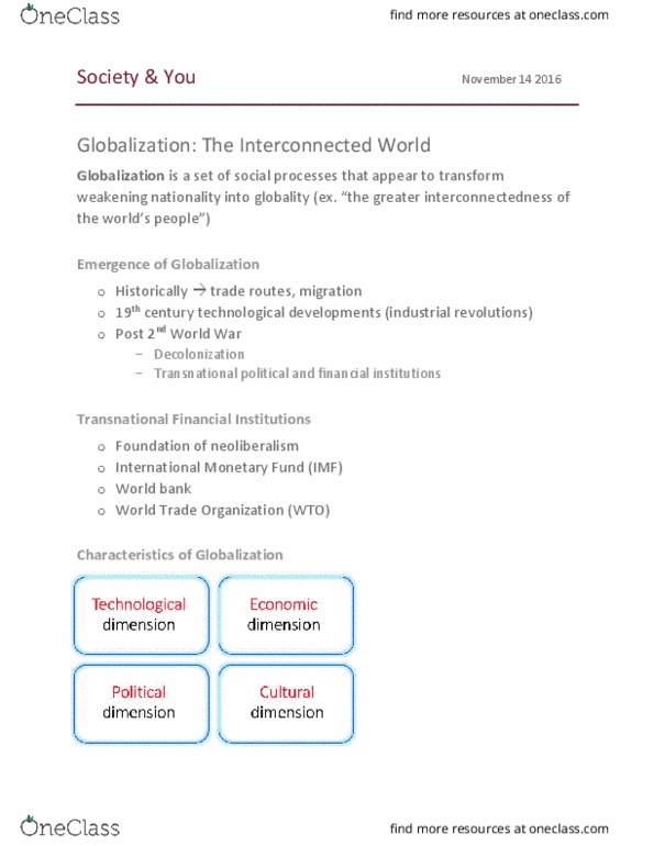 Sociology 1025A/B Lecture Notes - Lecture 8: North American Free Trade Agreement, International Monetary Fund, World Trade Organization thumbnail