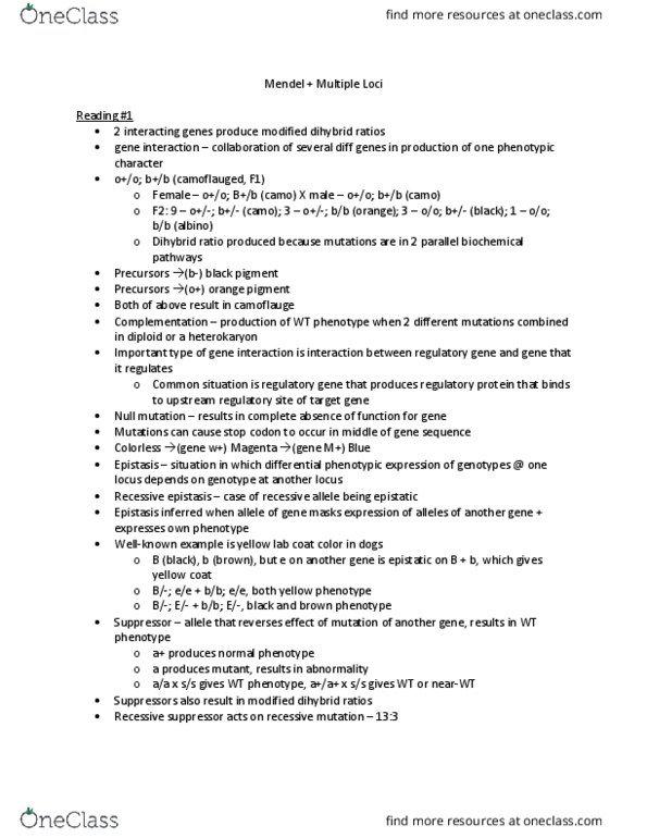 BIS 101 Chapter Notes - Chapter 5: Camoflauge, Epistasis, Heterokaryon thumbnail