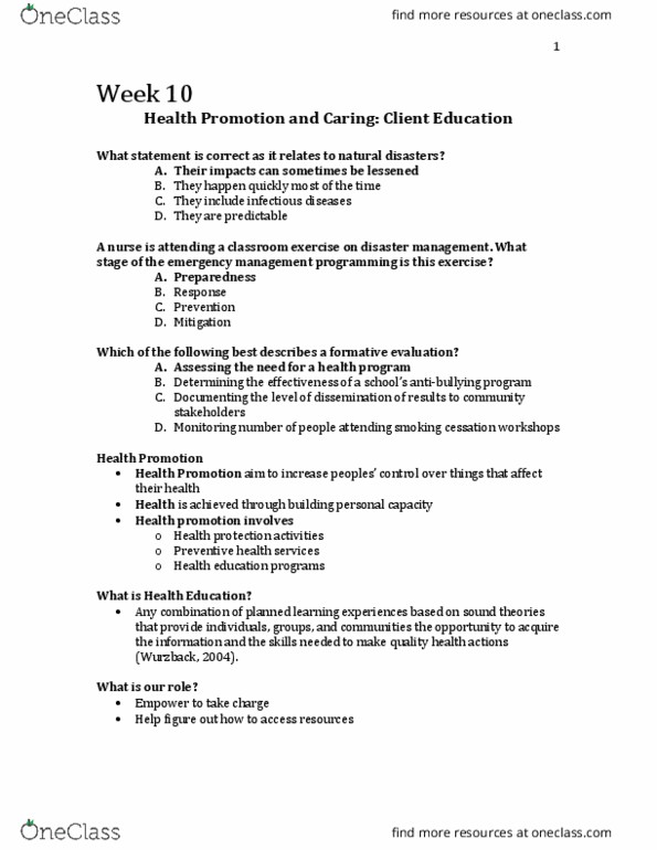 Nursing 2220A/B Lecture Notes - Lecture 10: National Training Laboratories, Health Belief Model, Health Literacy thumbnail