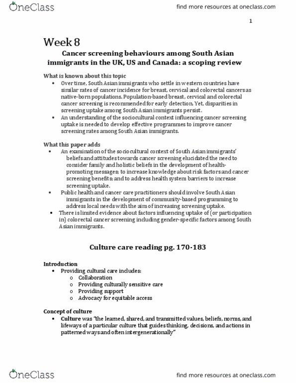 Nursing 2220A/B Chapter Notes - Chapter 8: Colorectal Cancer, Cancer Screening, Intercultural Competence thumbnail