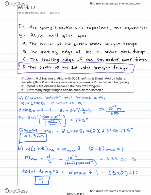 PHYS 1510 Lecture Notes - Lecture 12: Double-Slit Experiment, Diffraction Grating, Retie thumbnail