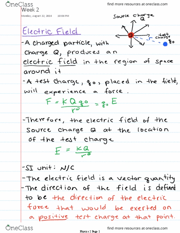 PHYS 1510 Lecture Notes - Lecture 2: Electric Field, Field Line, Test Particle thumbnail