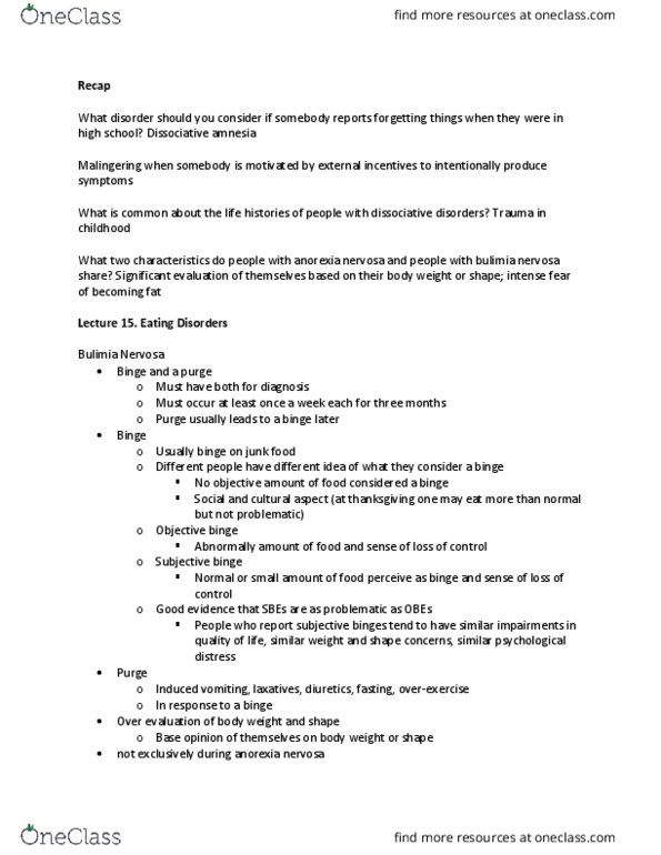 PSY 3171 Lecture Notes - Lecture 15: Anorexia Nervosa, Binge Eating, Acid Erosion thumbnail