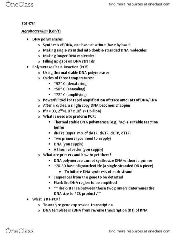 BOT 4734C Chapter Notes - Chapter 2: Thermal Cycler, Thymidine Triphosphate, Reverse Transcriptase thumbnail