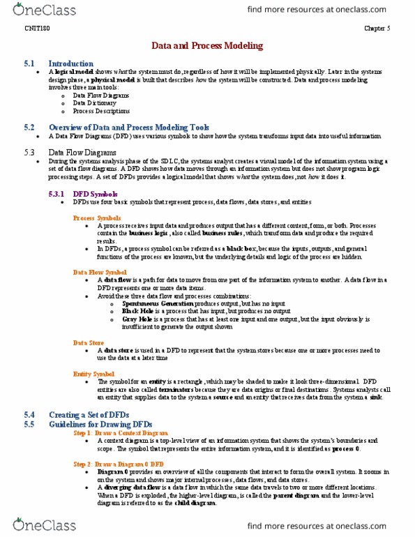 CNIT 18000 Chapter Notes - Chapter 5: System Context Diagram, Data Dictionary, Business Logic thumbnail