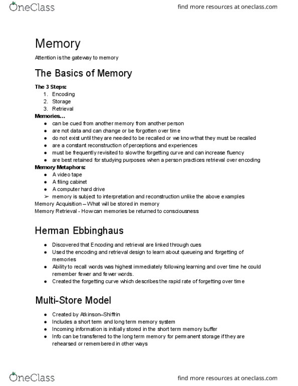 PSYCH 1X03 Lecture Notes - Lecture 9: Hermann Ebbinghaus, Long-Term Memory, Forgetting Curve thumbnail