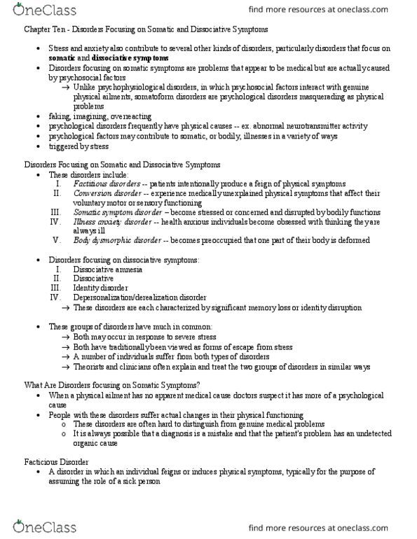 PSYC 3140 Chapter Notes - Chapter 10: Somatic Symptom Disorder, Medically Unexplained Physical Symptoms, Factitious Disorder thumbnail