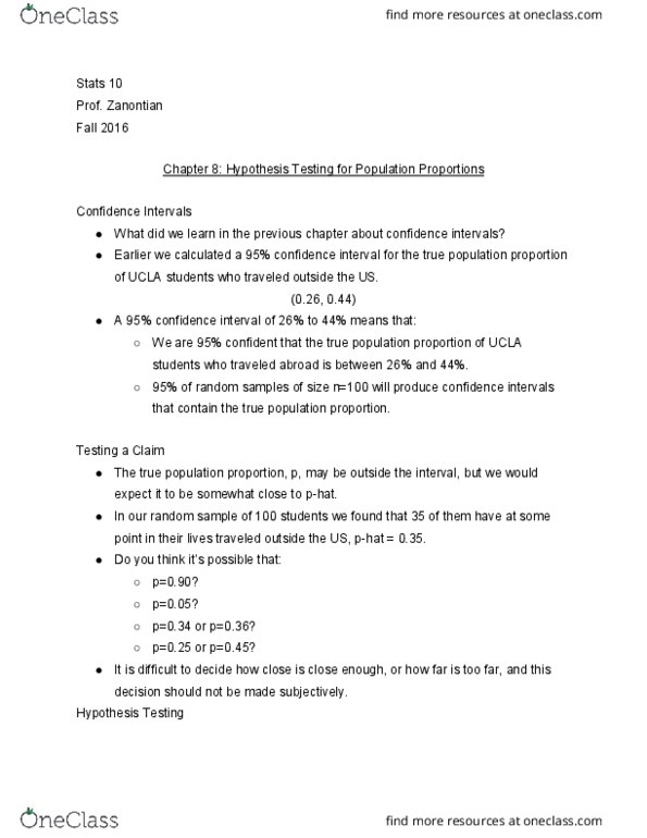 STATS 10 Lecture Notes - Lecture 15: Null Hypothesis, Confidence Interval, Alternative Hypothesis thumbnail