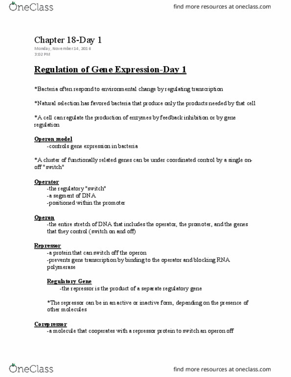 LIFE 102 Lecture Notes - Lecture 40: Operon, Repressor, Corepressor thumbnail