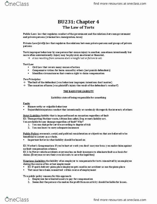 BU231 Chapter Notes - Chapter 4: Intentional Tort, Nuisance, Vicarious Liability thumbnail