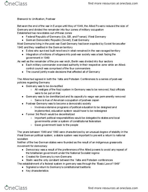 GOVT-130 FA3 Lecture Notes - Lecture 16: Allied Control Council, The Old Fox, Denazification thumbnail