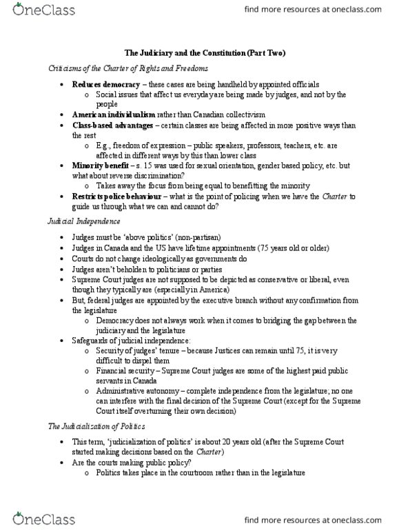 POLS 1400 Lecture Notes - Lecture 7: Judicial Independence, Reverse Discrimination thumbnail