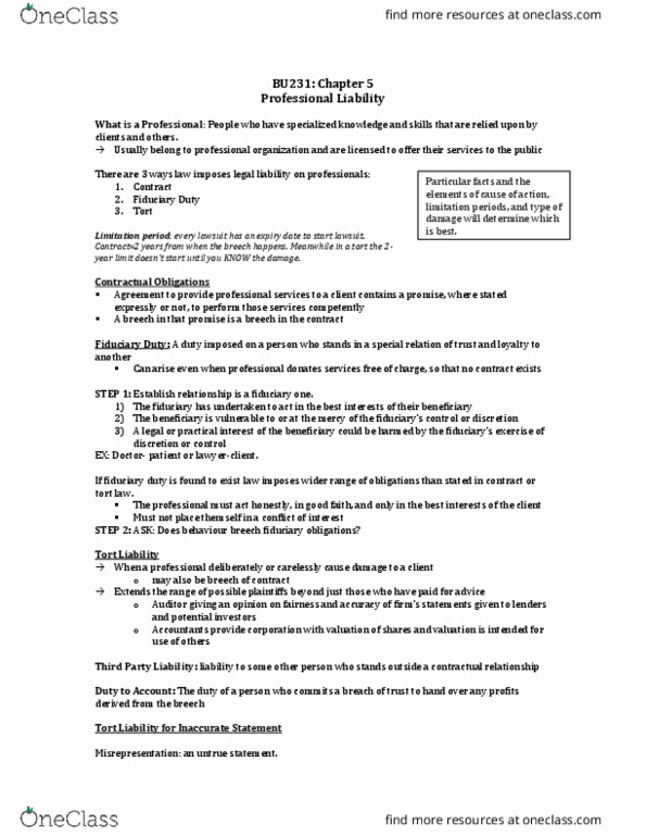 BU231 Chapter Notes - Chapter 5: Fiduciary, Intentional Tort, Financial Statement thumbnail