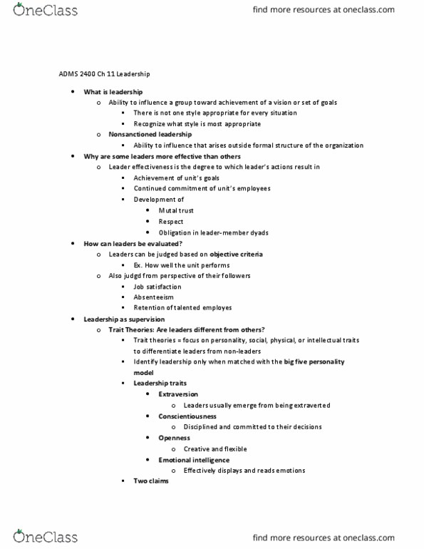 ADMS 2400 Chapter Notes - Chapter 11: Charismatic Authority, Fiedler Contingency Model, Trait Theory thumbnail