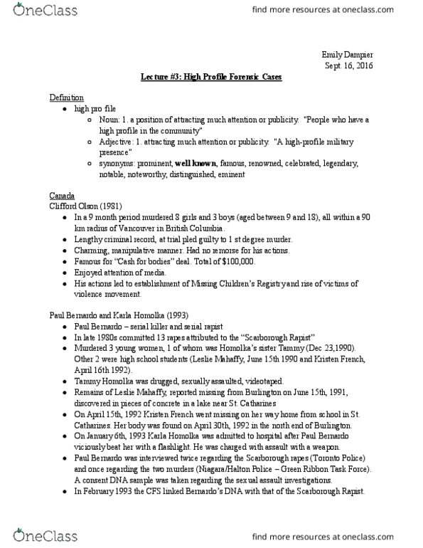 FRSC 1010H Lecture Notes - Lecture 3: Murder Of Tammy Homolka, Karla Homolka, Murder Of Leslie Mahaffy thumbnail