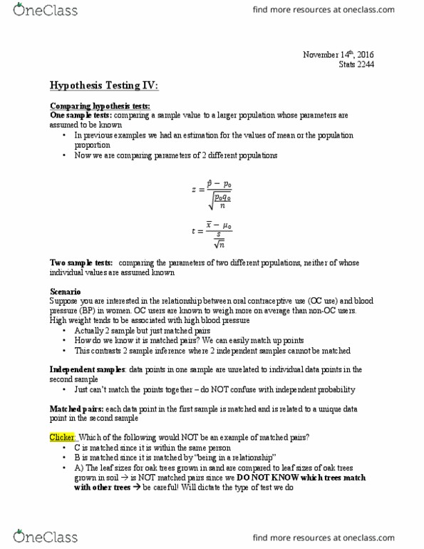 Statistical Sciences 2244A/B Lecture Notes - Lecture 15: Test Statistic, Combined Oral Contraceptive Pill, Mean Absolute Difference thumbnail
