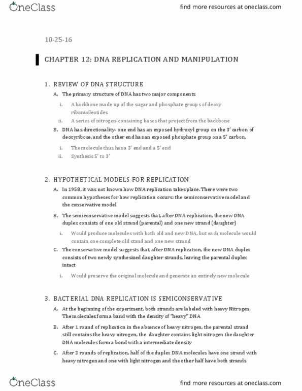 MCB 181R Lecture Notes - Lecture 13: Dna Replication, Semiconservative Replication, Telomerase thumbnail