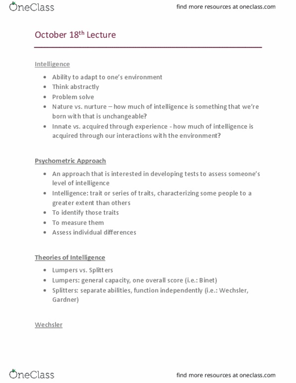 PSYC 2500 Lecture Notes - Lecture 10: Stanford–Binet Intelligence Scales, Life Satisfaction, Information Processing thumbnail
