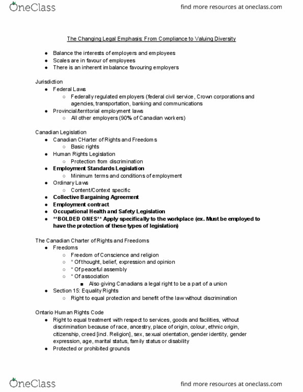 MHR 523 Lecture Notes - Lecture 4: Ontario Human Rights Commission, Ontario Human Rights Code, Employment Contract thumbnail