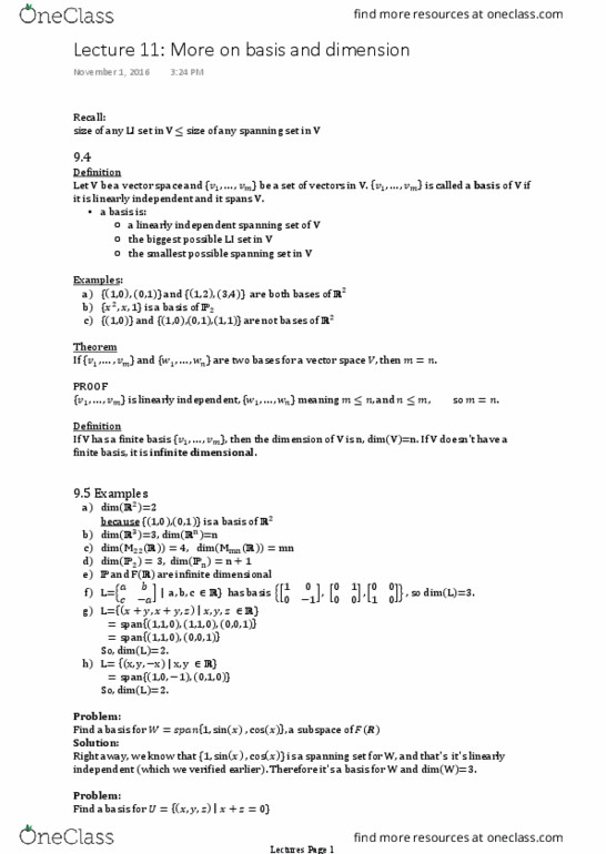 MAT 1341 Lecture 11: More on basis and dimension thumbnail