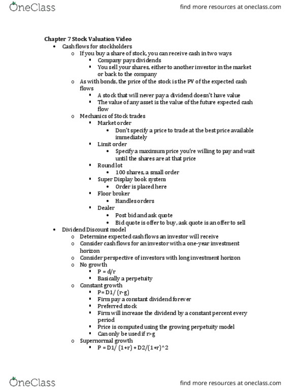 BMGT 340 Lecture Notes - Lecture 10: Stock Valuation, Cash Flow, Preferred Stock thumbnail