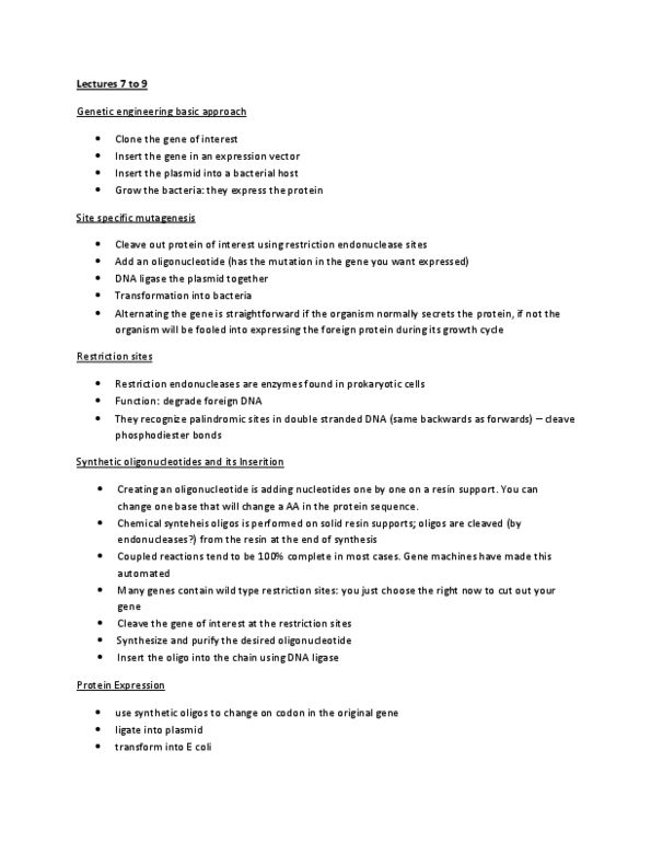 BCH210H1 Lecture Notes - Oligonucleotide Synthesis, Subtilisin, Restriction Enzyme thumbnail