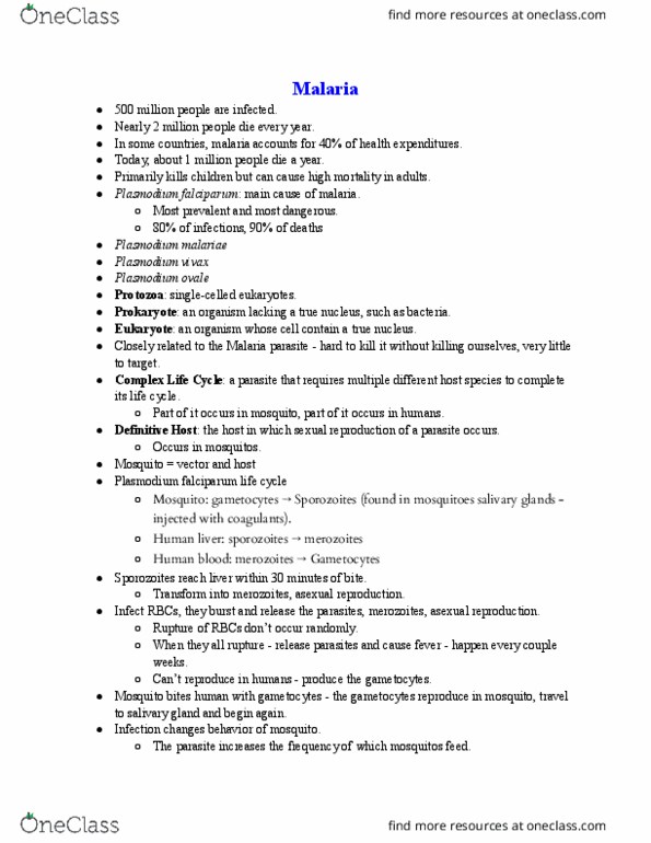 EEMB 40 Lecture Notes - Lecture 21: Plasmodium Ovale, Plasmodium, Salivary Gland thumbnail