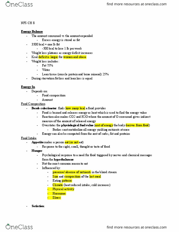 NFS 230 Lecture Notes - Lecture 8: Basal Metabolic Rate, Resting Metabolic Rate, Food Composition Data thumbnail