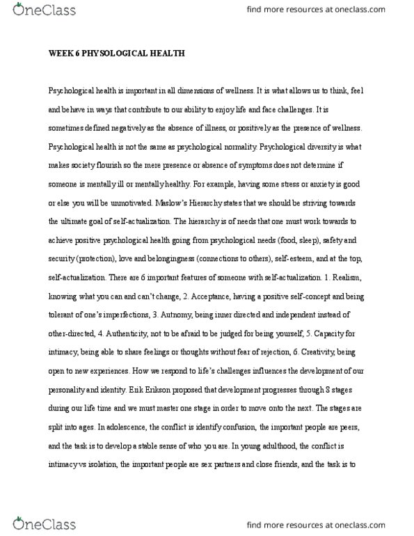 HLTH101 Lecture Notes - Lecture 6: Intermittent Explosive Disorder, Erik Erikson, Brain-Derived Neurotrophic Factor thumbnail