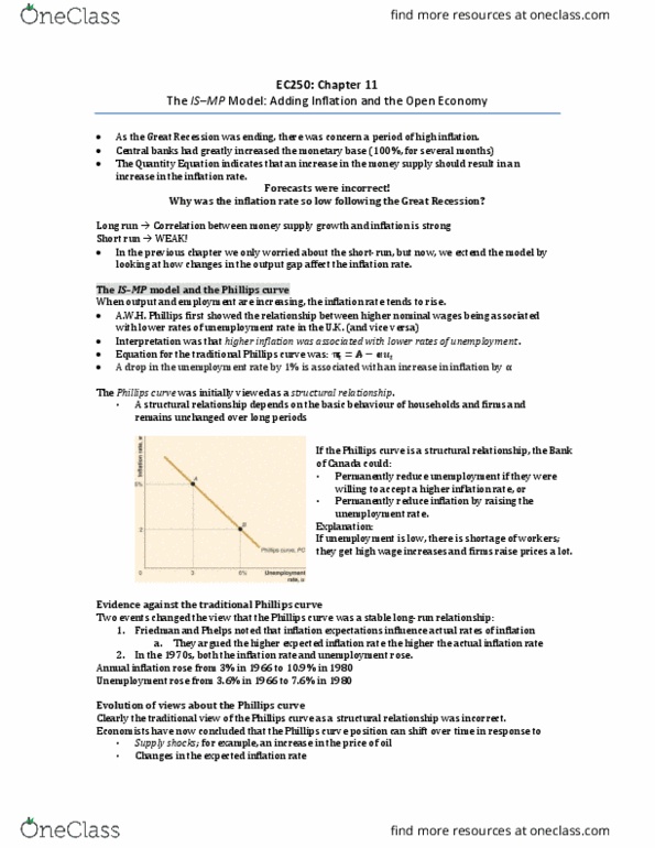 EC250 Chapter Notes - Chapter 11: Phillips Curve, Output Gap, Potential Output thumbnail