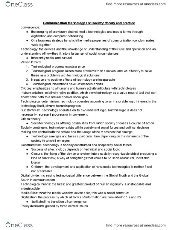 CMN 1160 Chapter Notes - Chapter 6: Substantivism, Technological Determinism, Social Forces thumbnail