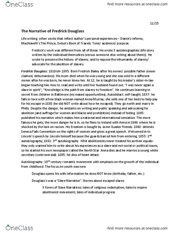 ENGL 2110 Lecture Notes - Lecture 29: Frederick Douglass, Anna Murray-Douglass, Seneca Falls Convention thumbnail