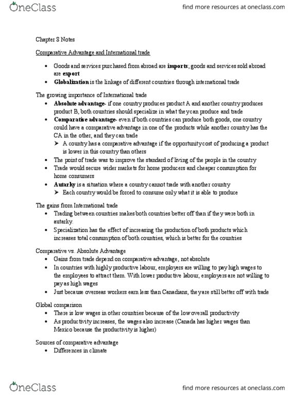 ECN 104 Chapter Notes - Chapter 8: Autarky, Absolute Advantage, Comparative Advantage thumbnail