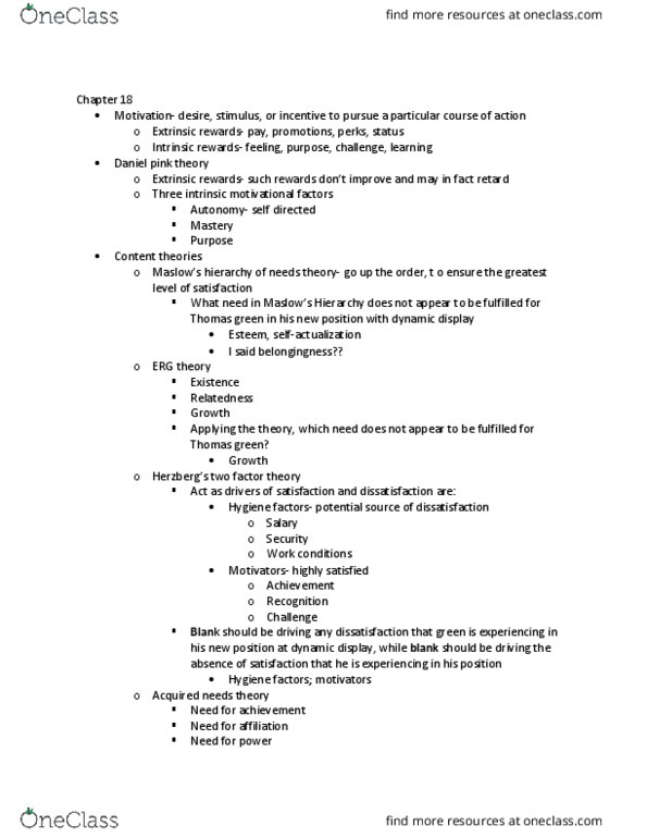 MGMT 3000 Lecture Notes - Lecture 18: Daniel H. Pink, Equity Theory, Job Design thumbnail