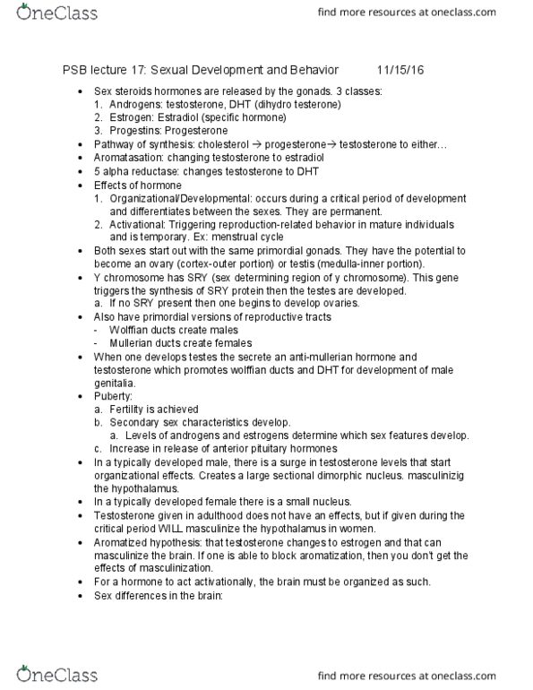 PSB-2000 Lecture Notes - Lecture 17: Mesonephric Duct, Paramesonephric Duct, Secondary Sex Characteristic thumbnail