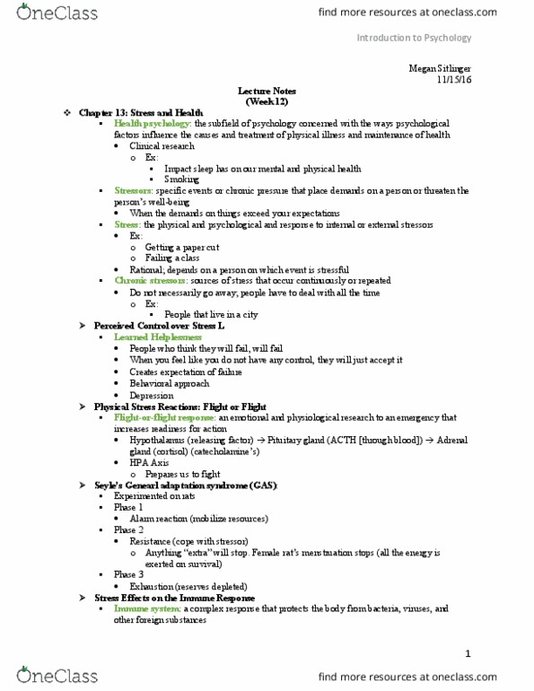 PSY 0010 Lecture Notes - Lecture 13: Relaxation Technique, Psychosomatic Medicine, Learned Helplessness thumbnail